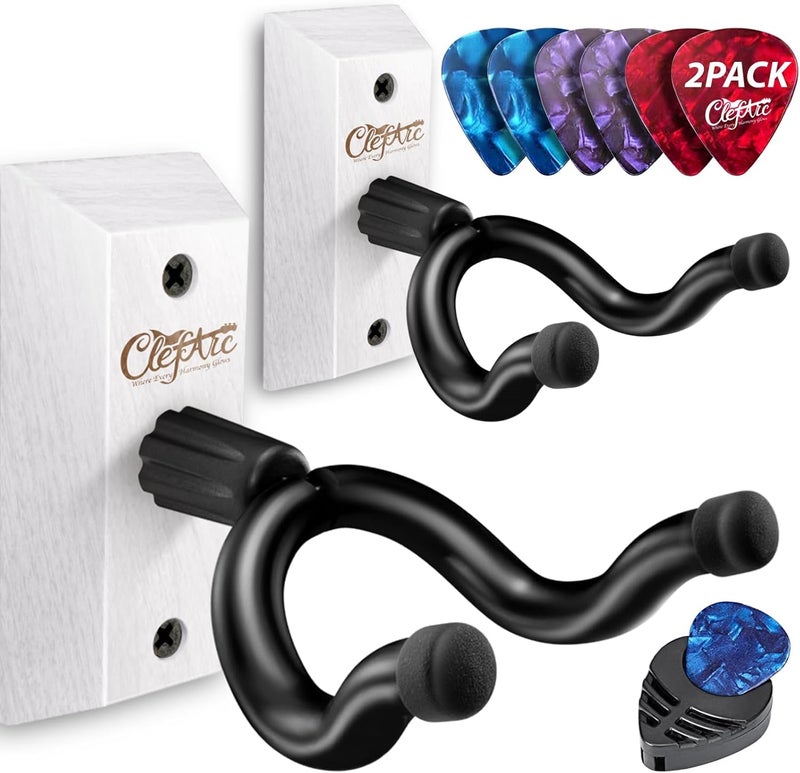 ClefArc Guitar Wall Mount White - 2 Pack Guitar Wall Hangers, Guitar Picks, Pick Holder, Guitar Accessories, U-Shape Hardwood Guitar Hanger, Gifts for Guitarists, with 6 Assorted Guitar Picks - Image 1